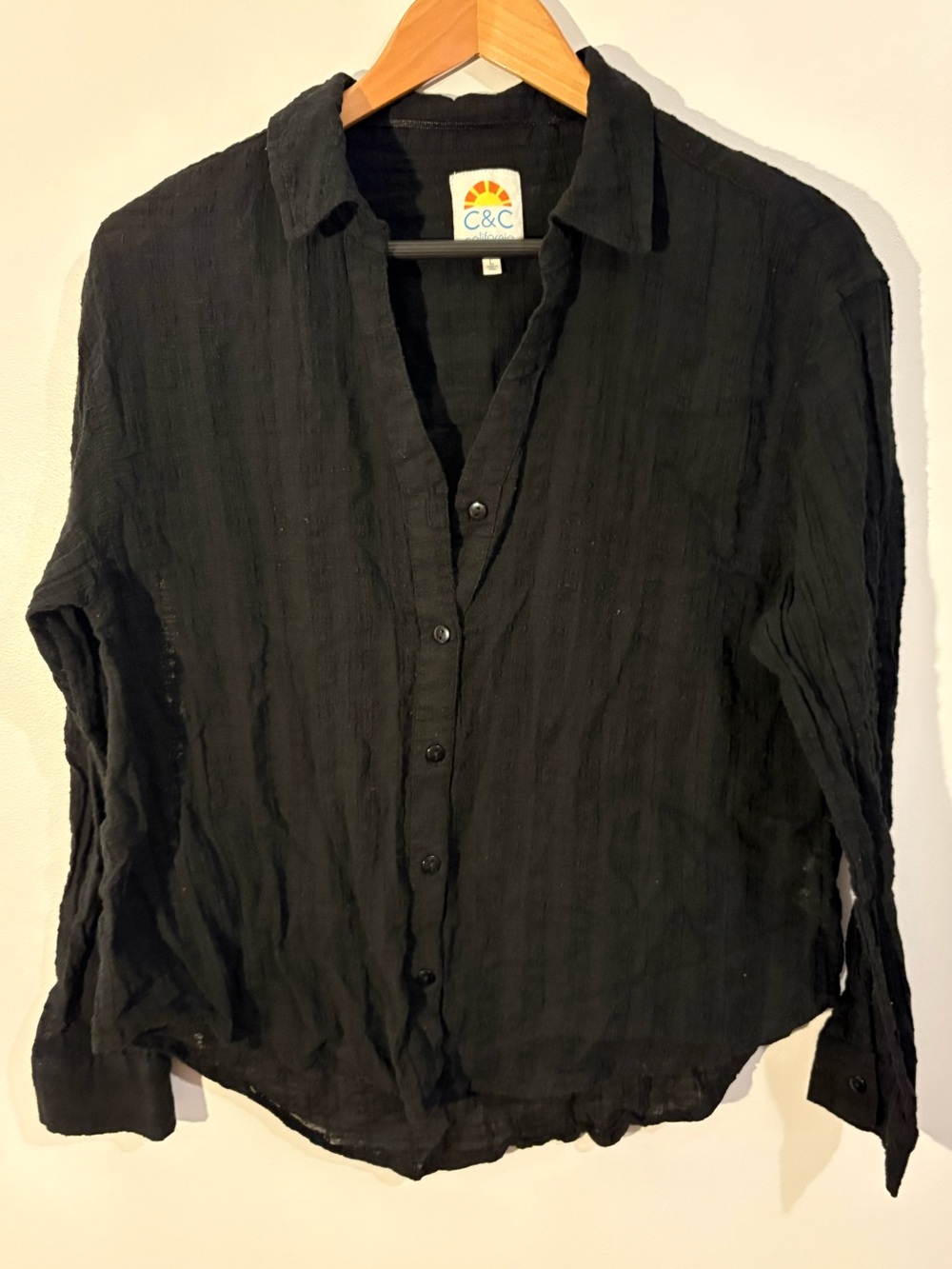 C&C California Women’s Black Solid Cotton button-Down Long Sleeve Shirt L